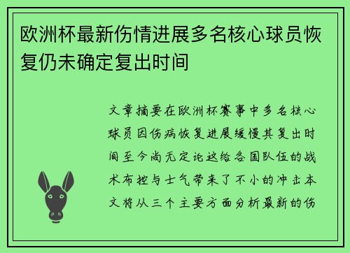 欧洲杯最新伤情进展多名核心球员恢复仍未确定复出时间