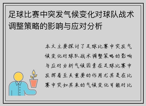 足球比赛中突发气候变化对球队战术调整策略的影响与应对分析